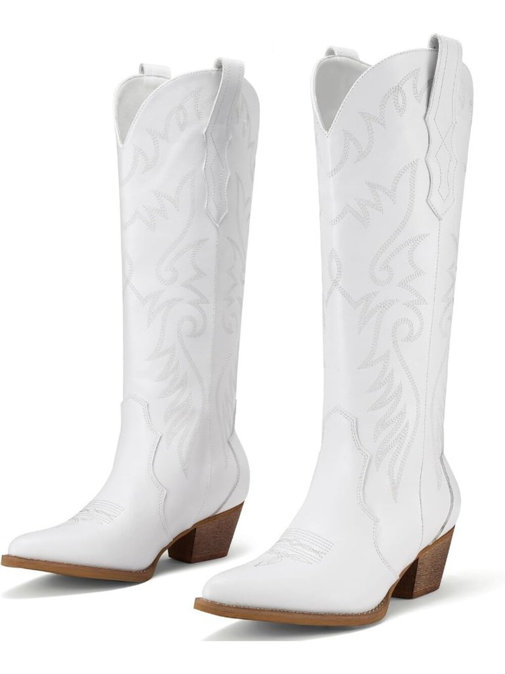 Women White Pointy Toe Western Cowboy Cowgirl Embroidered Knee High Boot
